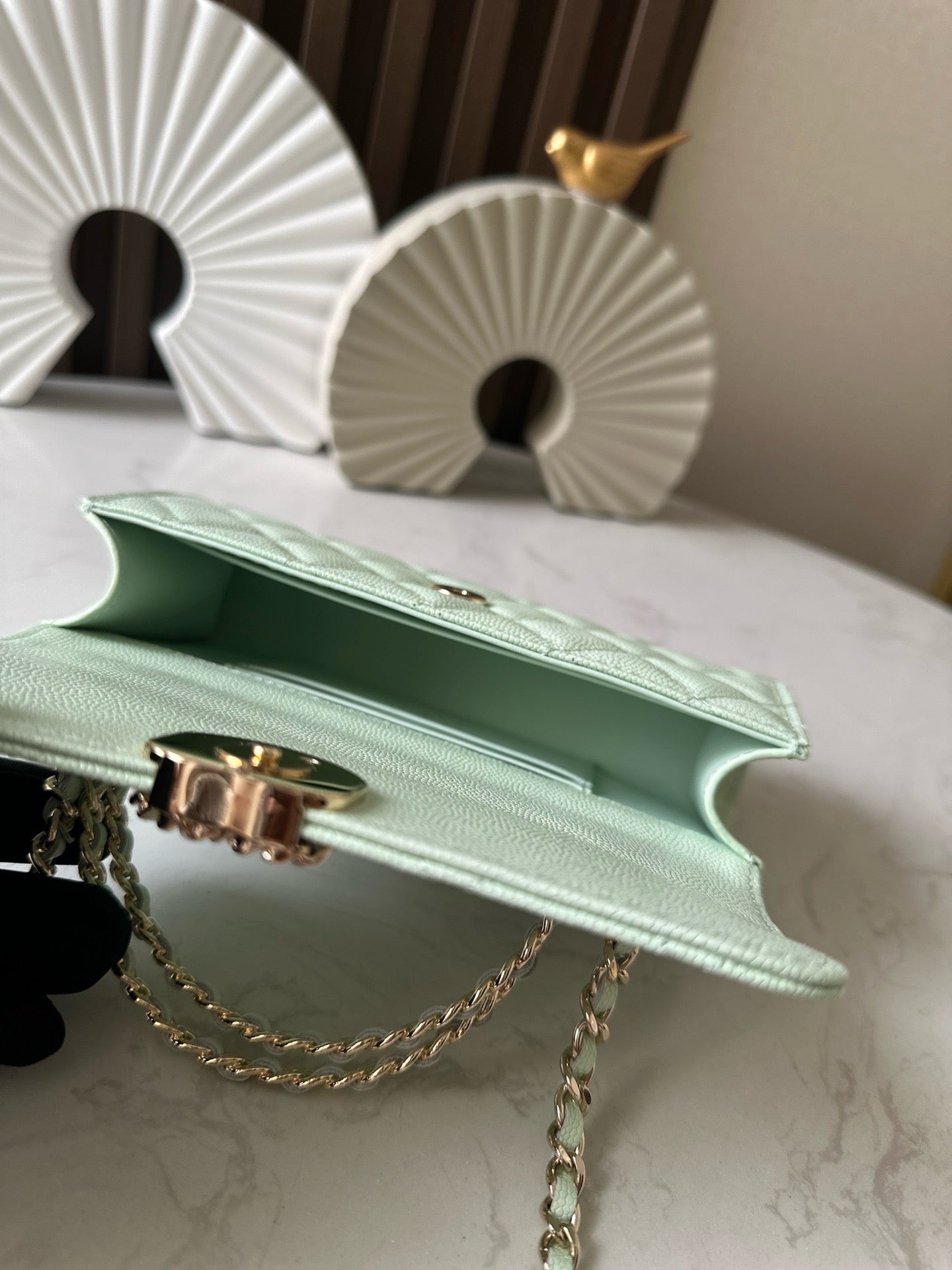 Light green caviar leather flap handbag shoulder bag