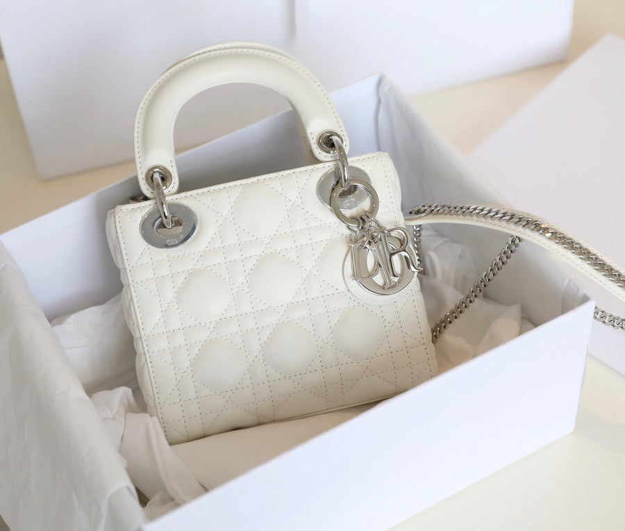 White Cannage Pattern Patent Lambskin Handbag