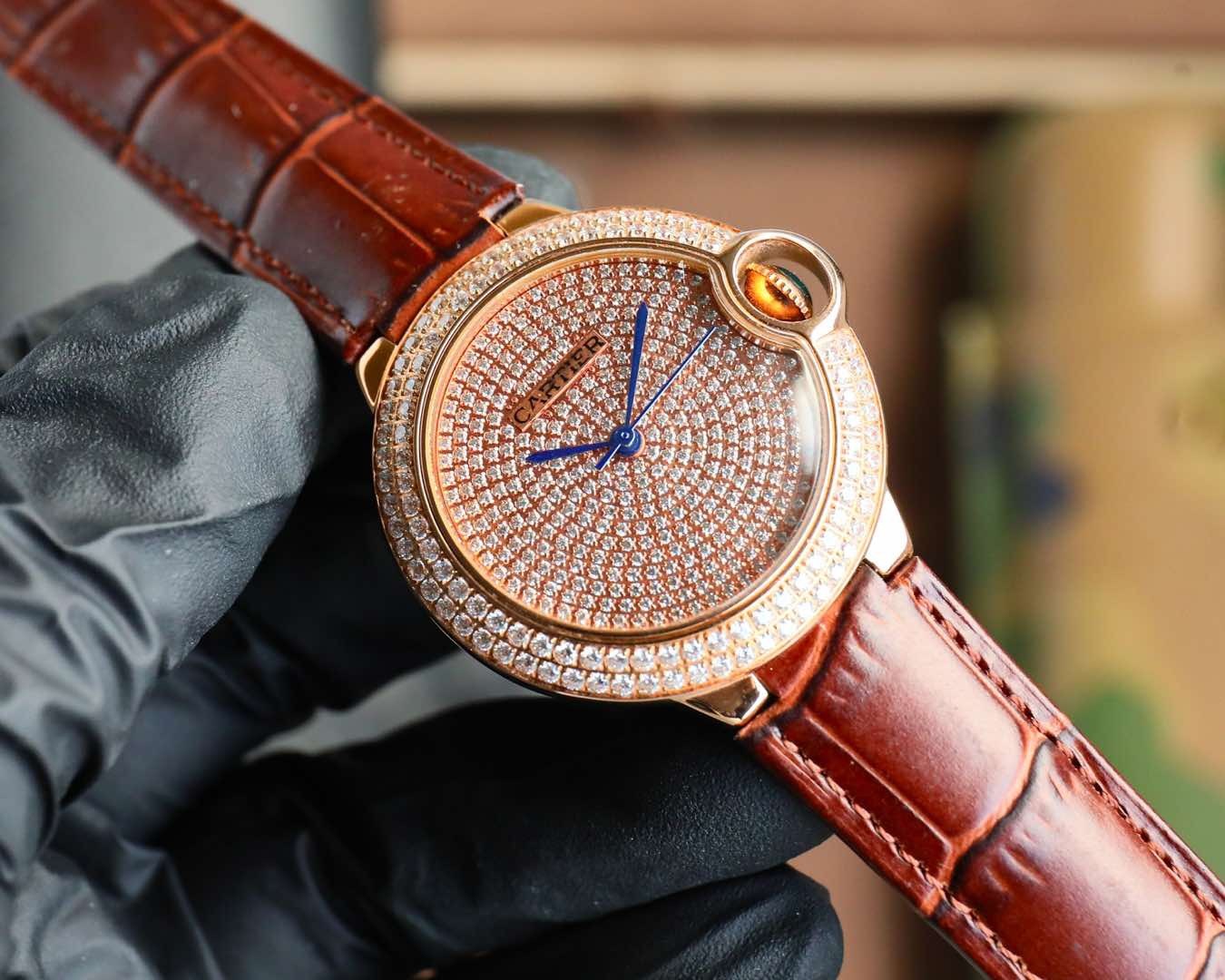 Cartier. Imported quartz movement. Top-grain calfskin leather. Arched blue light glass.