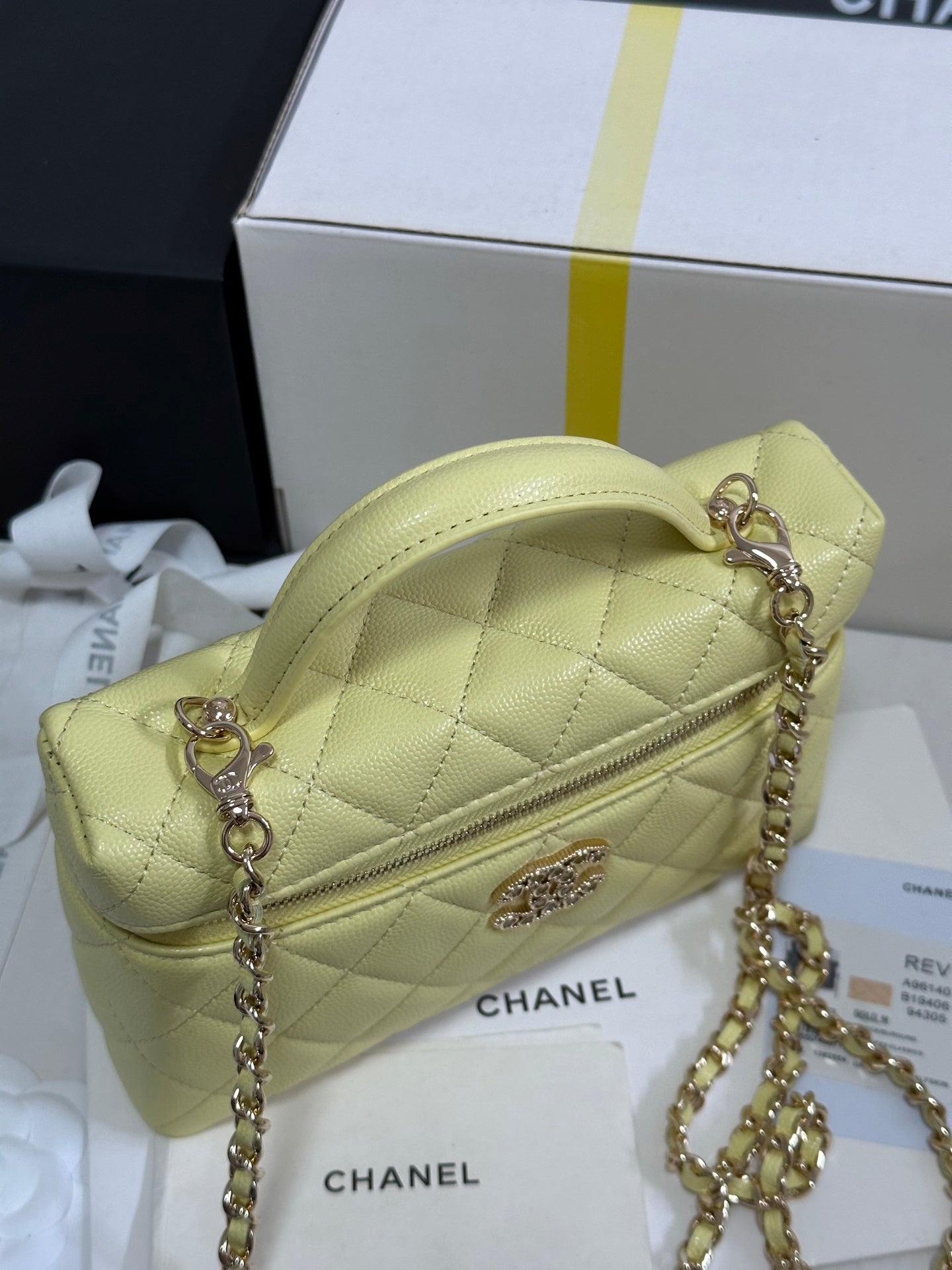 Yellow Caviar Calfskin Heart - shaped Rhinestone - embellished Zipped Flap Bag