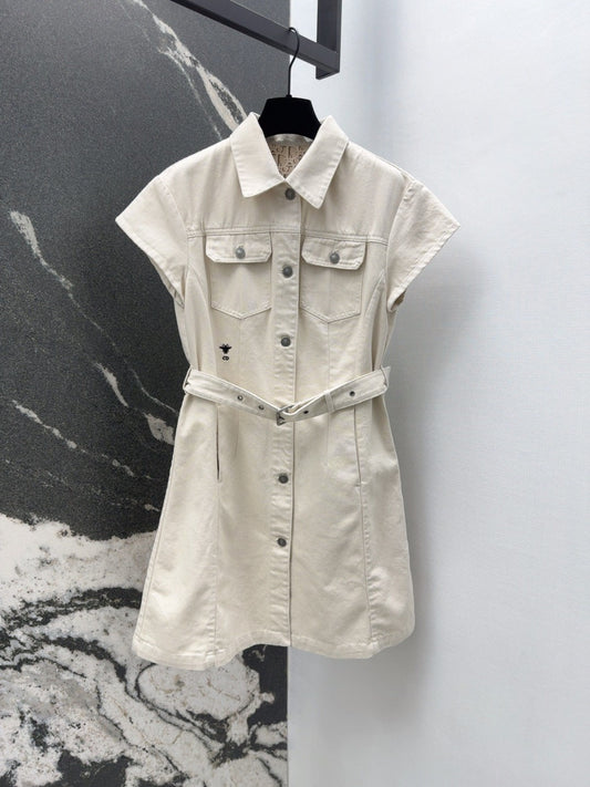 2025 Spring - Summer New Beige Denim Short - Sleeved Belted Dress