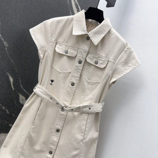 2025 Spring - Summer New Beige Denim Short - Sleeved Belted Dress