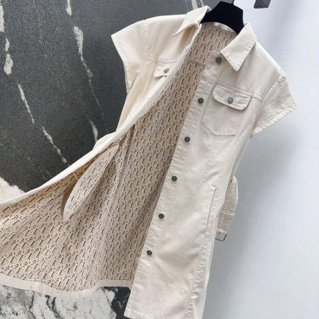 2025 Spring - Summer New Beige Denim Short - Sleeved Belted Dress