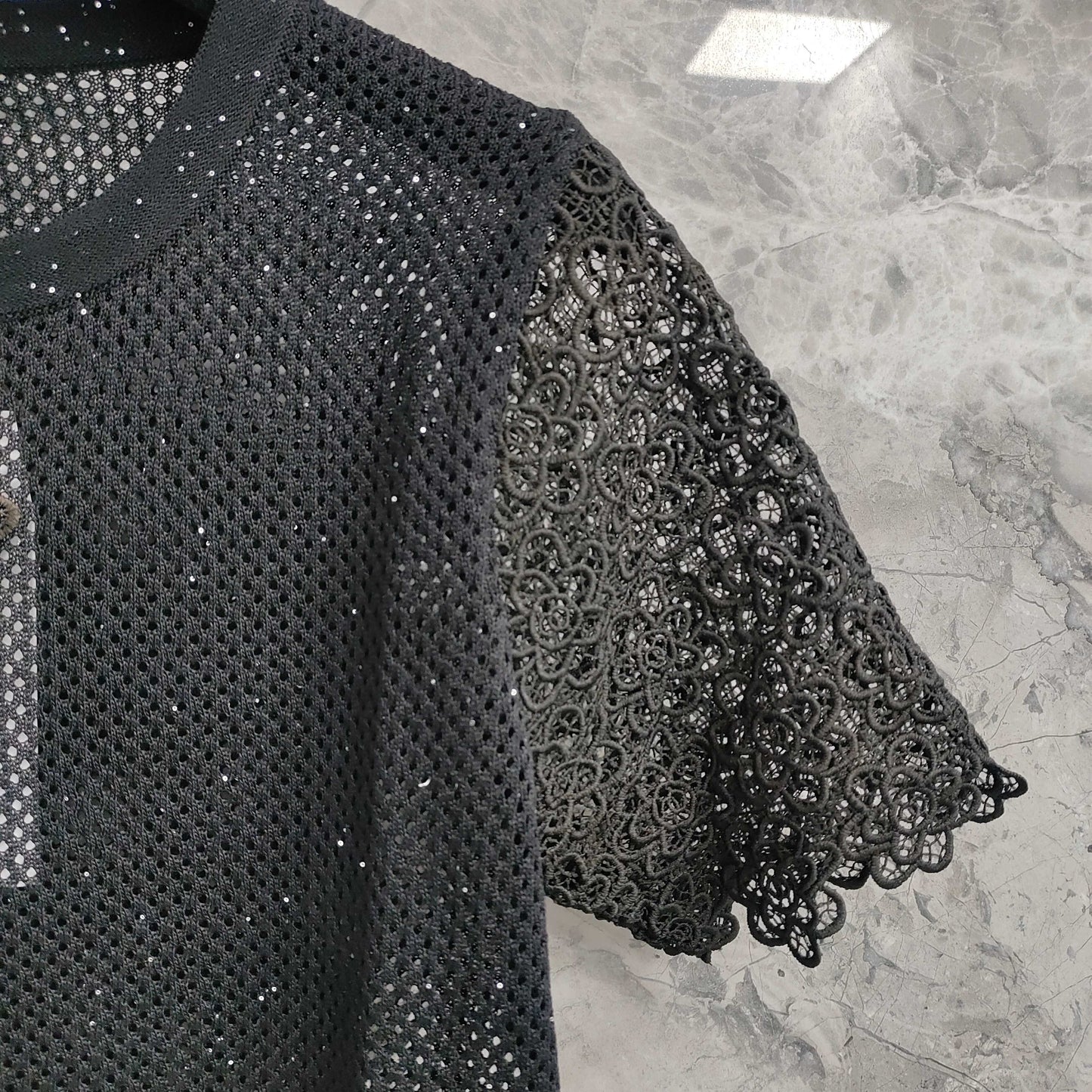 Short - sleeved Mesh T - shirt Top with Lace - trimmed Sleeves & Camellia Embellishment