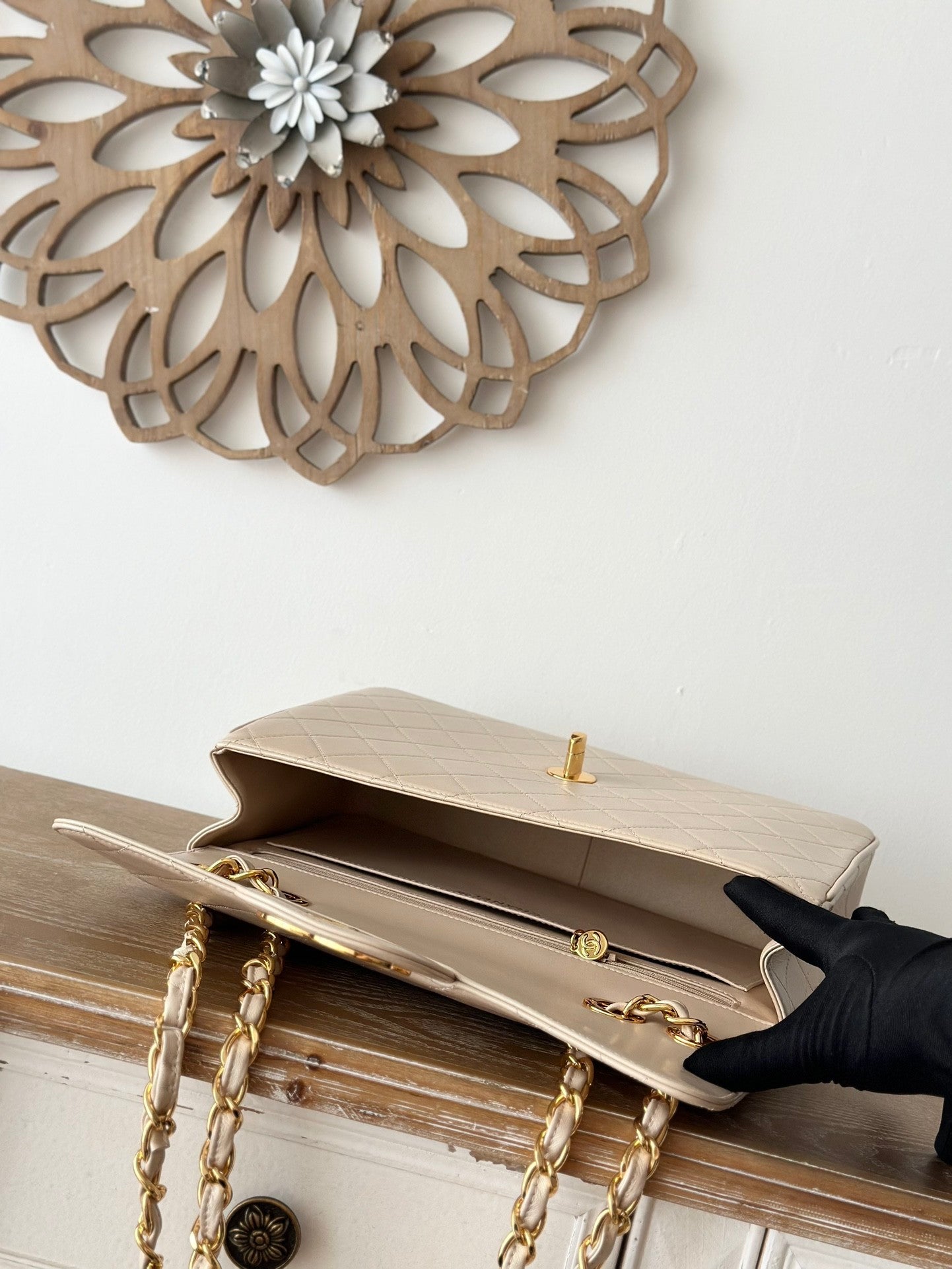 beige lambskin Quilted Flap Chain Bag