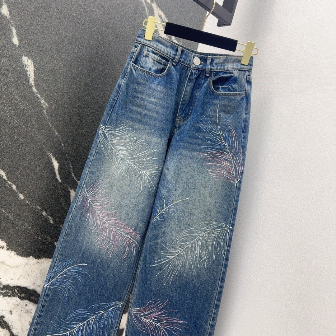 Jeans with Intricate Feather and Rhinestone Embroidery