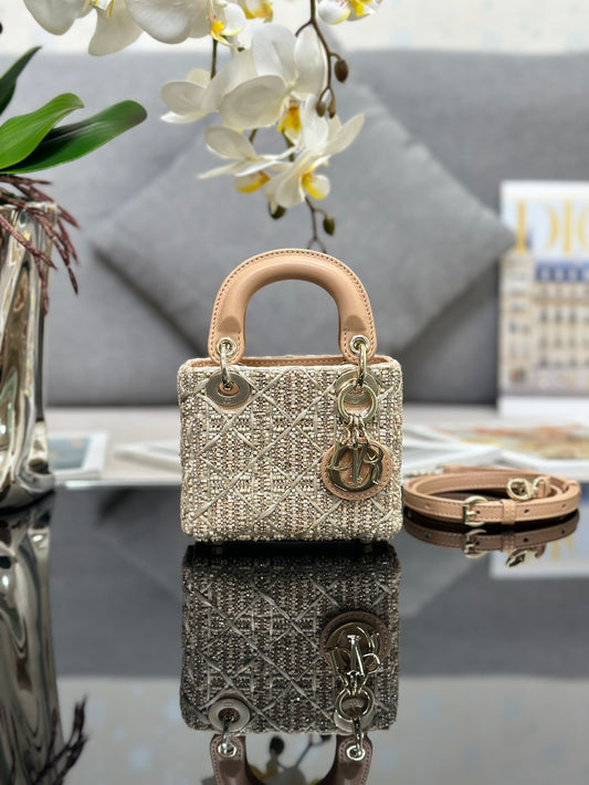 Lady Dior Ultra - Mini Embroidered Apricot - colored Wooden Bead Handbag