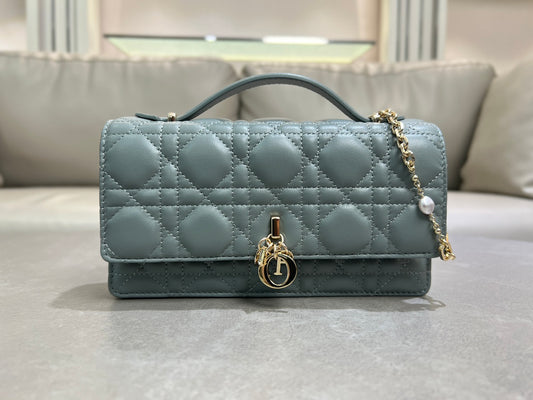 Sheepskin Slate Gray Lady Dior Pearl Clutch Bag