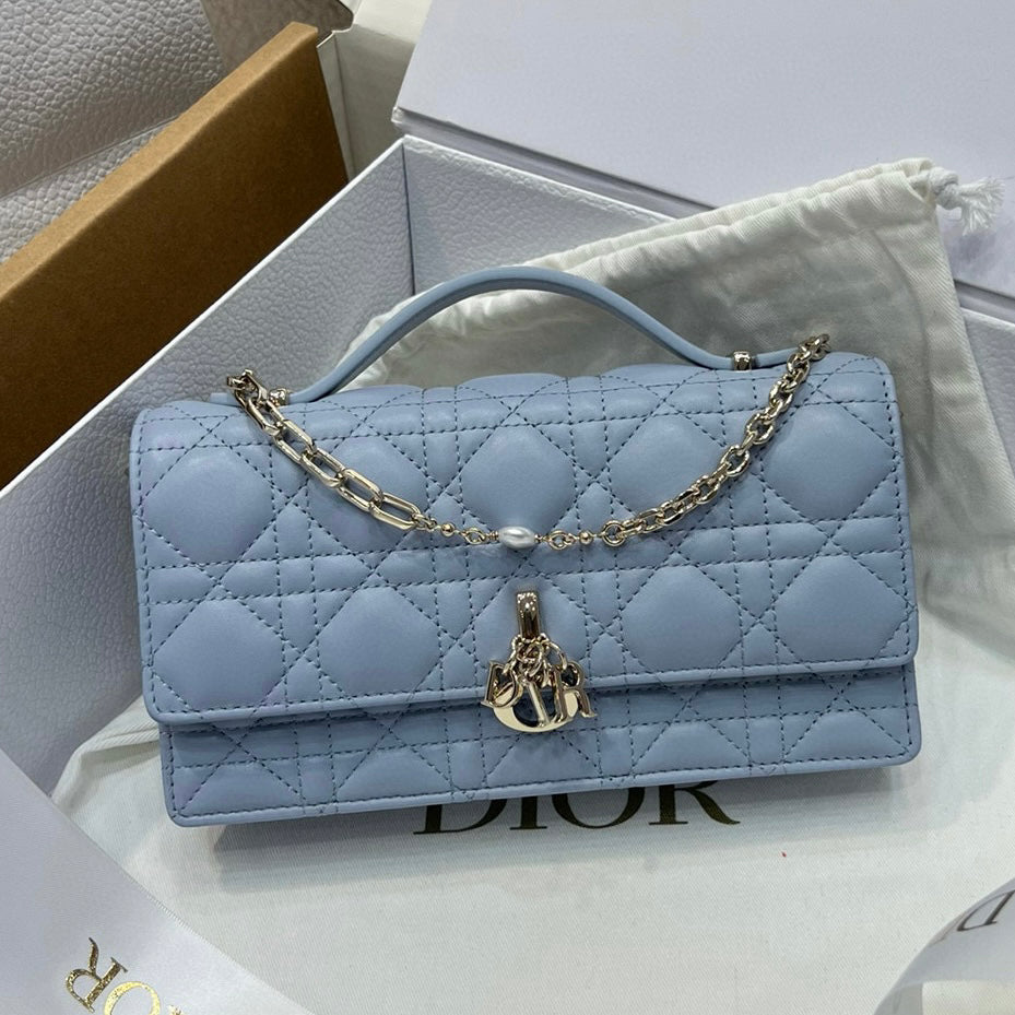Mini Pearl Chain Light Blue Lambskin Handbag