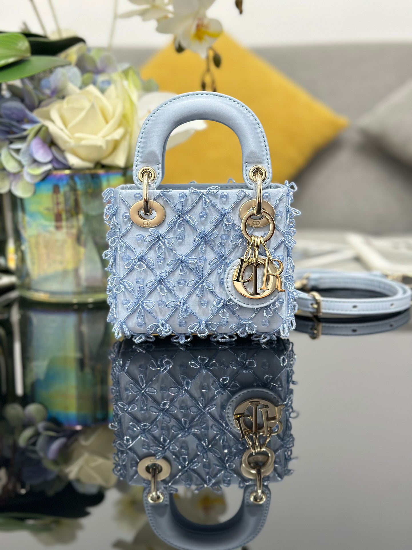 Lady Dior Mini Embroidered Ice - Blue Beaded Handbag
