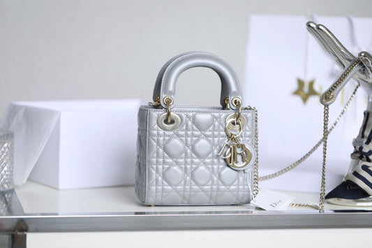 Pearlescent Grey Cannage Pattern Patent Lambskin Handbag