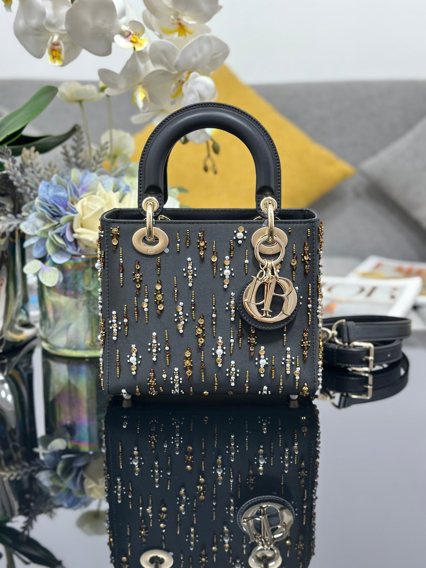 Lady Dior Four - Grid Embroidered Iridescent Bead Handbag