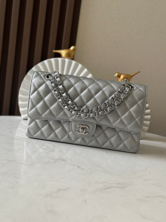 Silver Calfskin with Fine Ball - Grain Pattern CF Chain Flap Bag