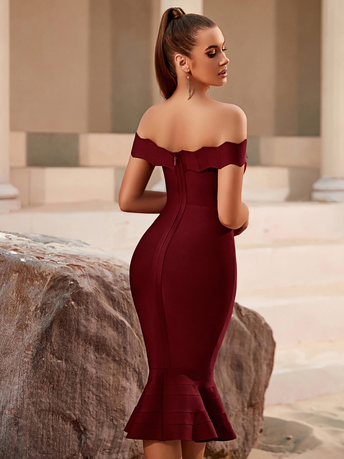 urgundy Off - Shoulder Mermaid Bandage dress