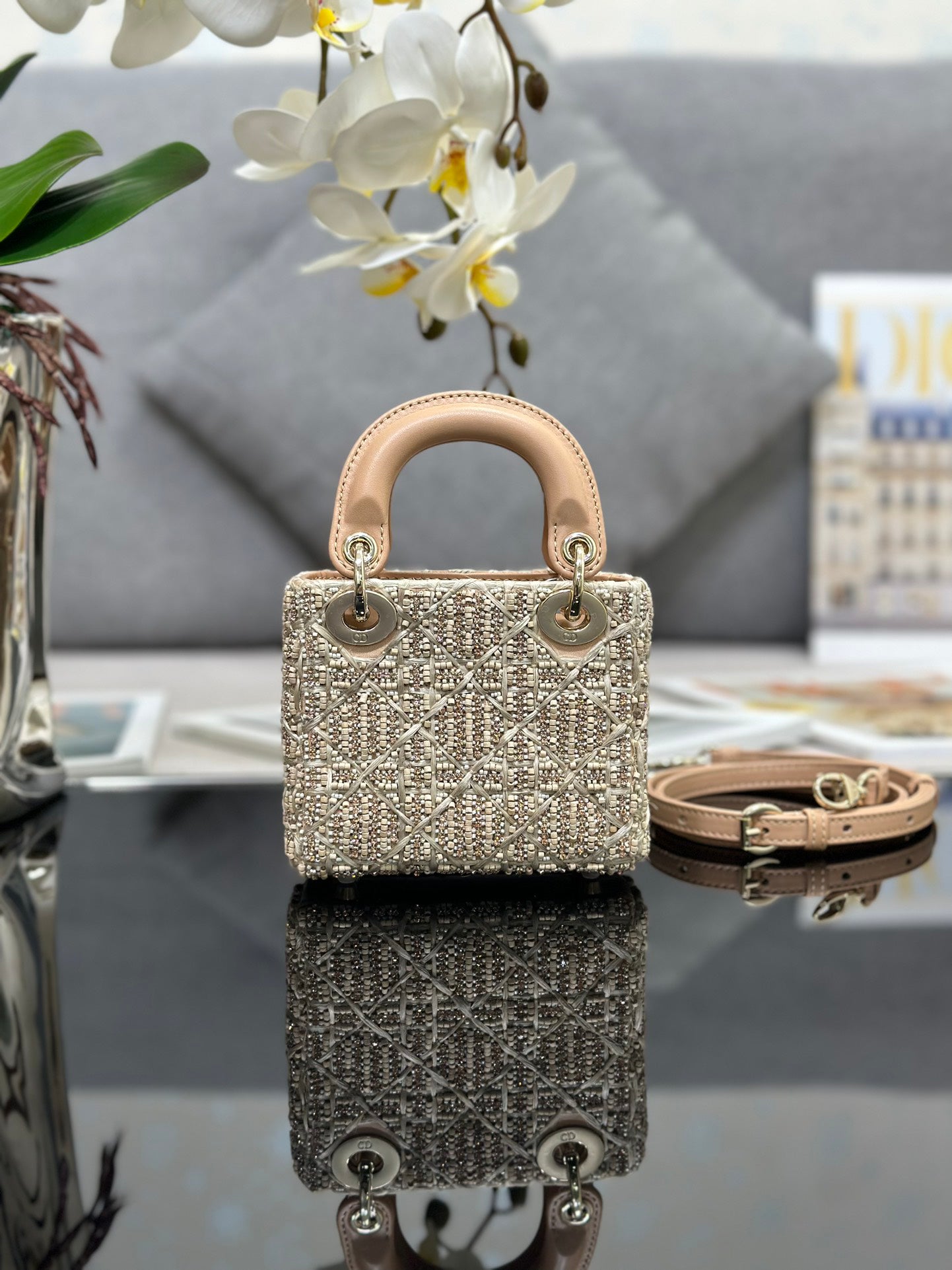 Lady Dior Ultra - Mini Embroidered Apricot - colored Wooden Bead Handbag