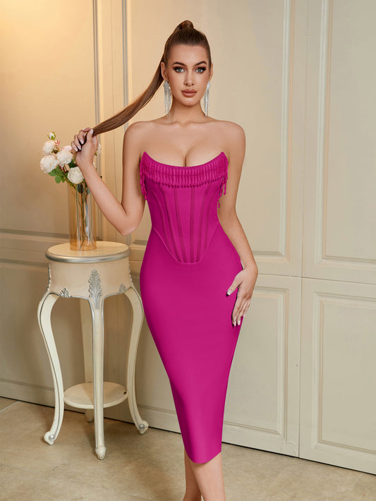 Rose red  Strapless Corset Bodycon Bandage dress