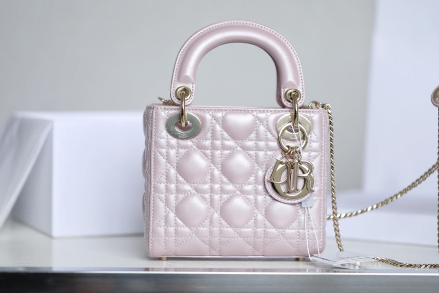 Pearlescent Pink Cannage Pattern Patent Lambskin Handbag