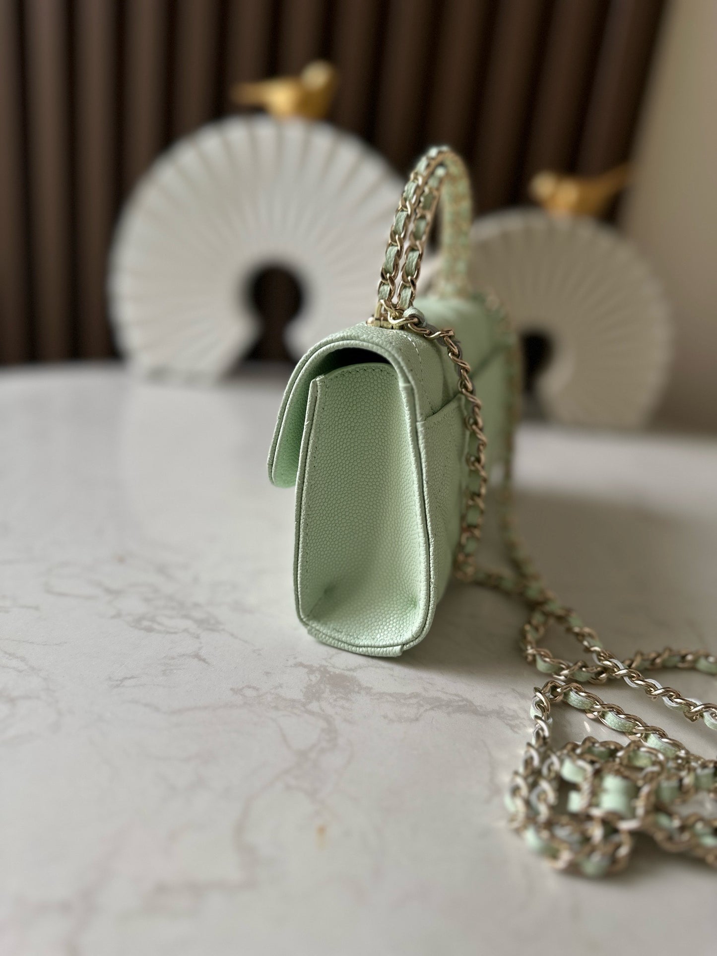 Light green caviar leather flap handbag   shoulder bag