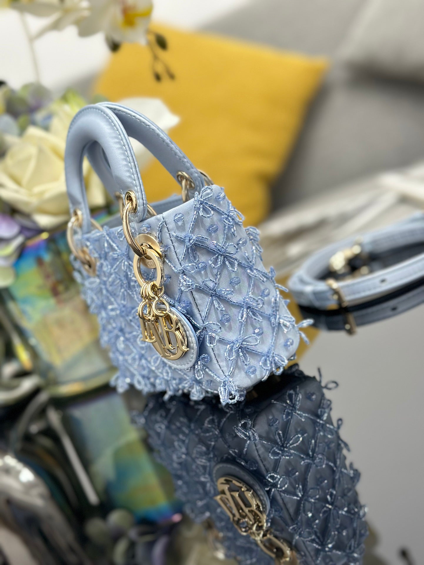 Lady Dior Mini Embroidered Ice - Blue Beaded Handbag