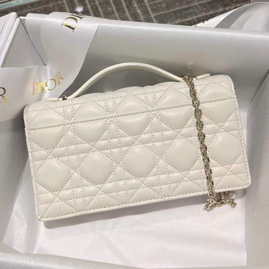 Mini Pearl Chain White Lambskin Handbag
