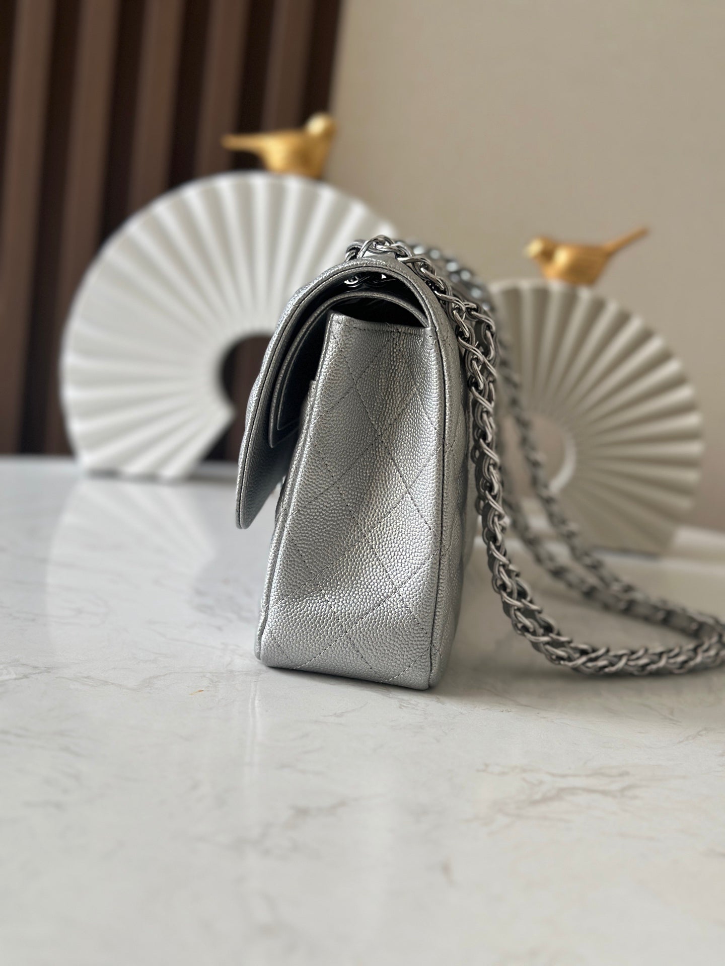 Silver Calfskin with Fine Ball - Grain Pattern CF Chain Flap Bag