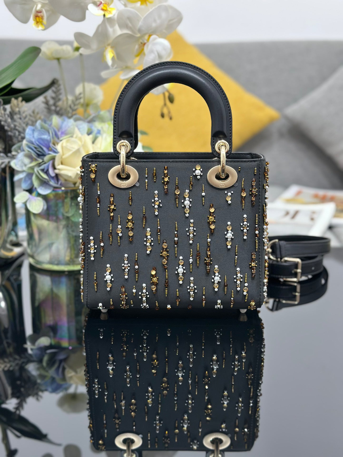 Lady Dior Four - Grid Embroidered Iridescent Bead Handbag