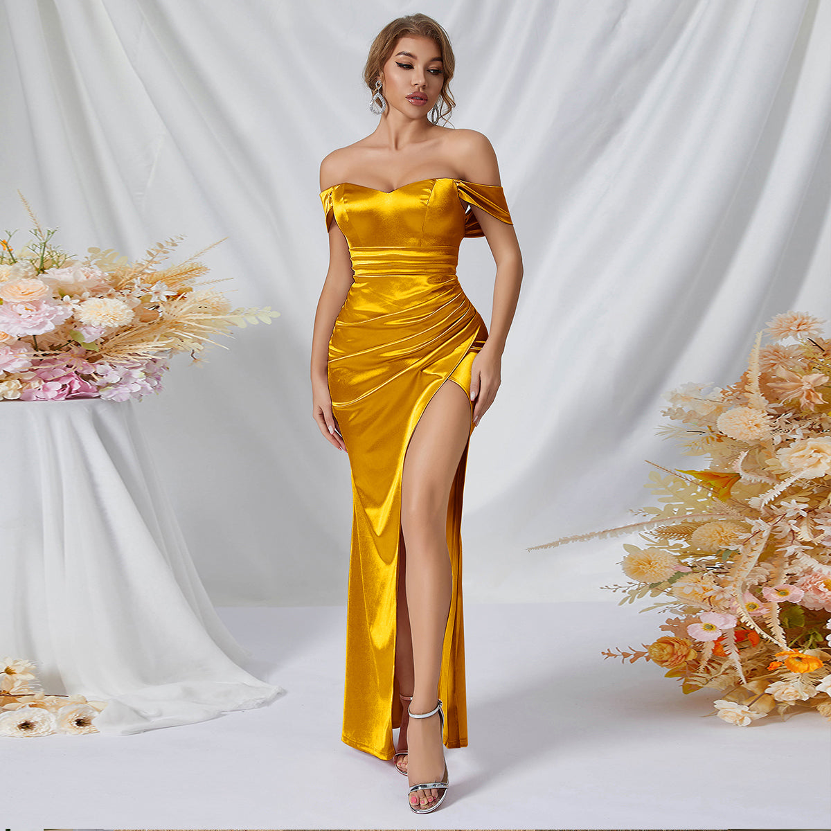Off - Shoulder Satin Ruched Midi Dress