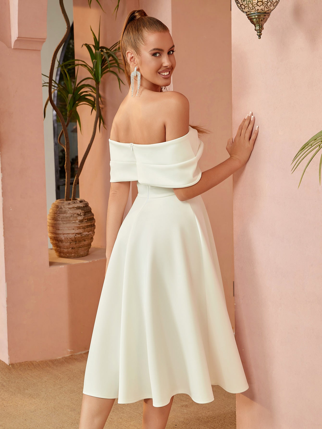 Off - Shoulder Bow - Detail A - Line Midi Dress in Cream