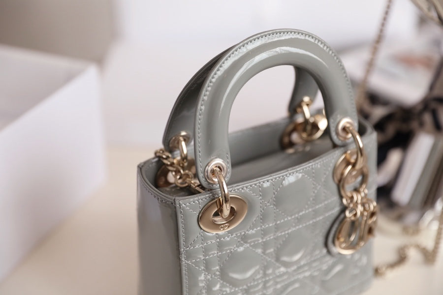 Rock Grey Cannage Pattern Patent Lambskin Handbag