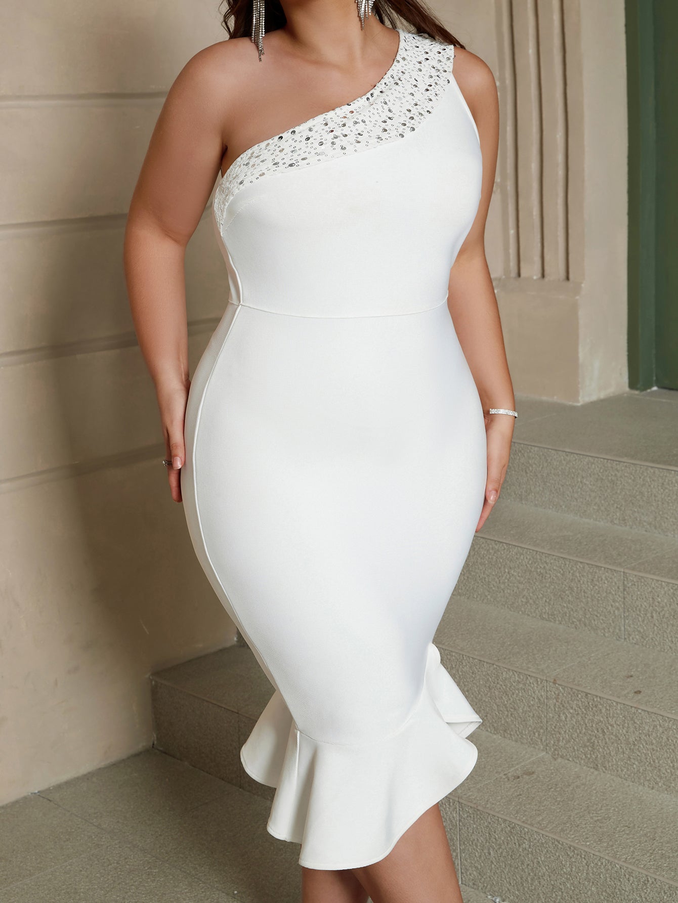 Plus - Size One - Shoulder White Bandage Dress