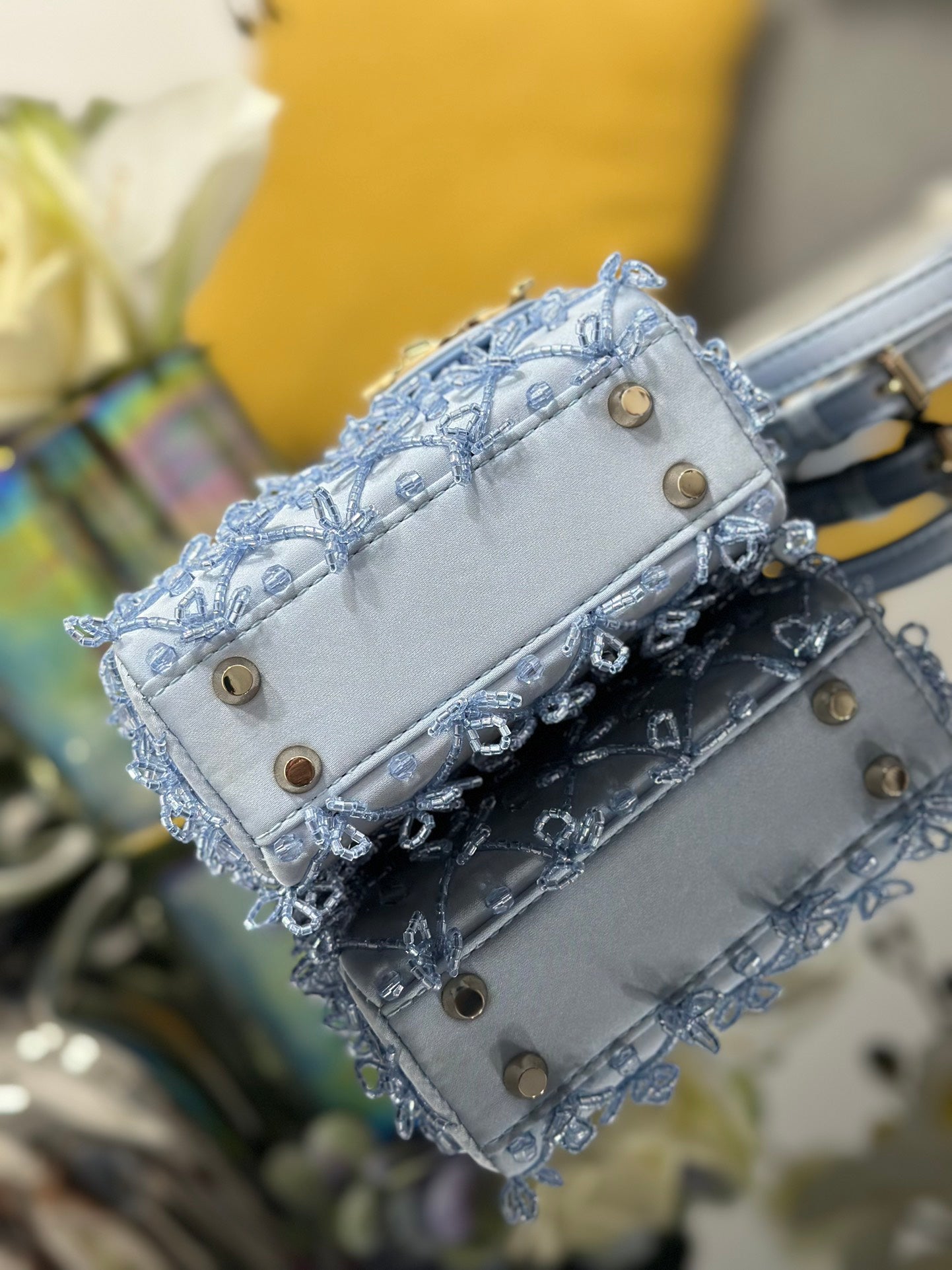 Lady Dior Mini Embroidered Ice - Blue Beaded Handbag