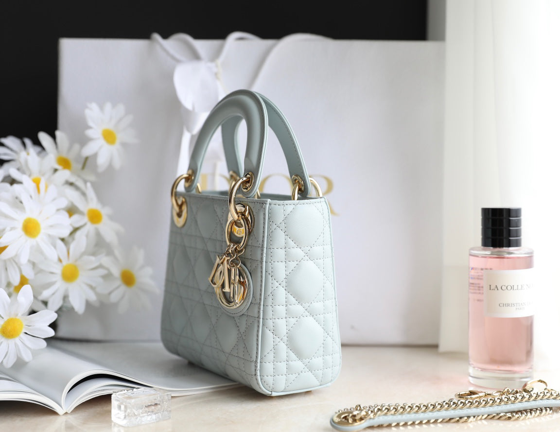 Lake Blue Cannage Pattern Patent Lambskin Handbag