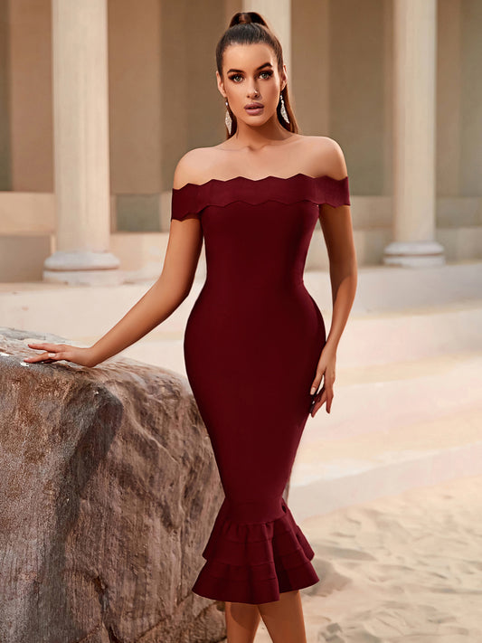urgundy Off - Shoulder Mermaid Bandage dress