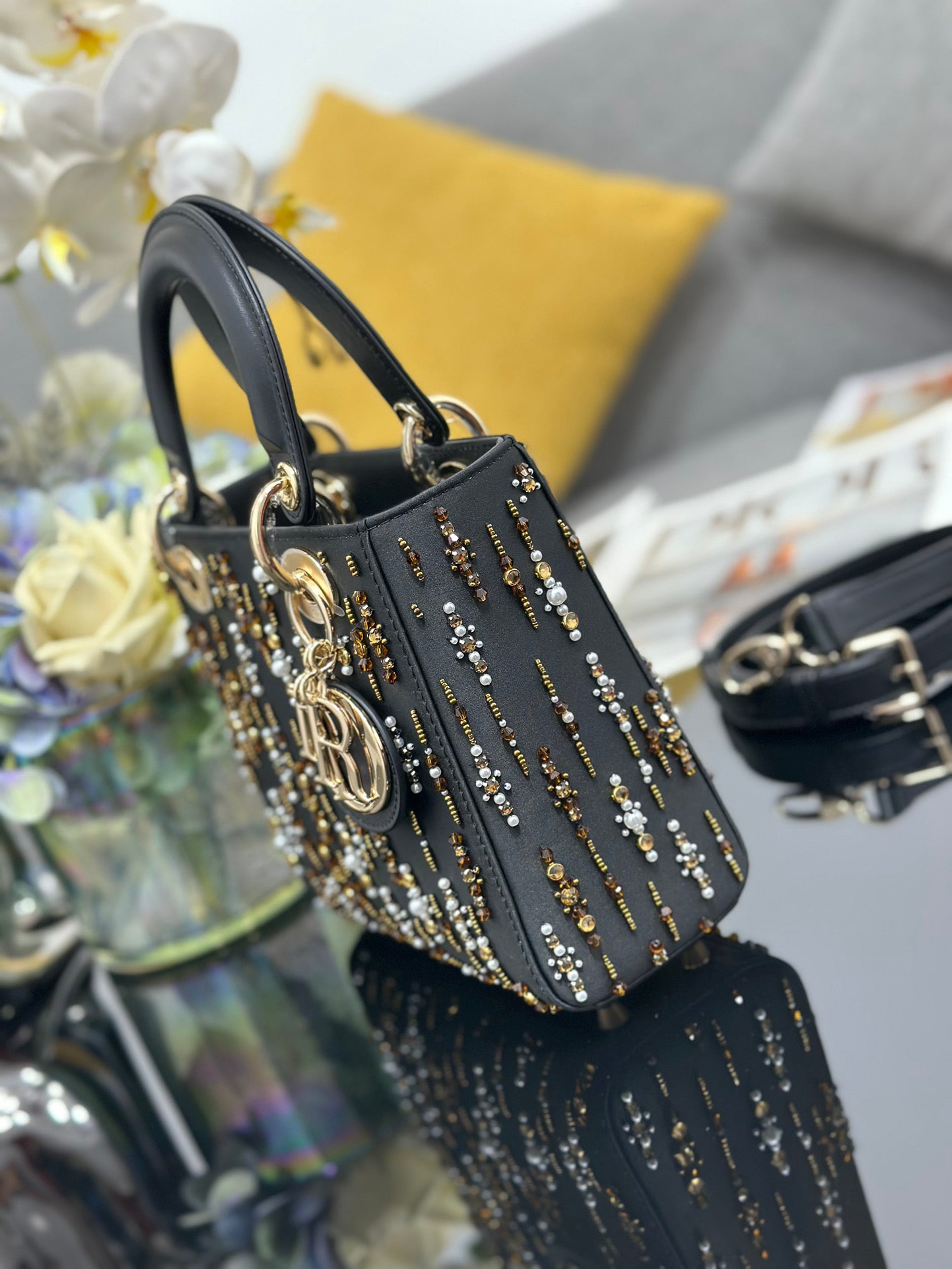 Lady Dior Four - Grid Embroidered Iridescent Bead Handbag