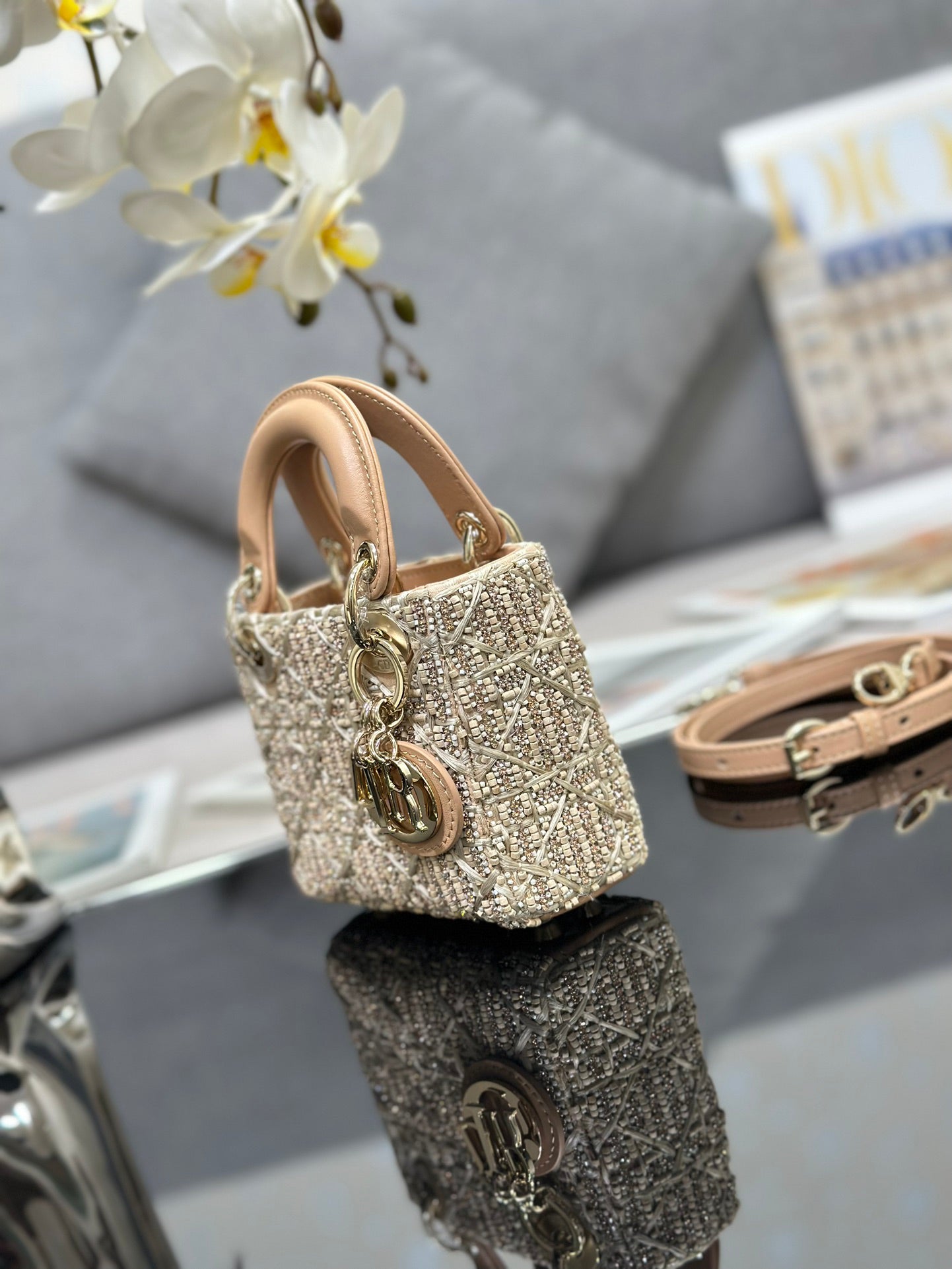 Lady Dior Ultra - Mini Embroidered Apricot - colored Wooden Bead Handbag