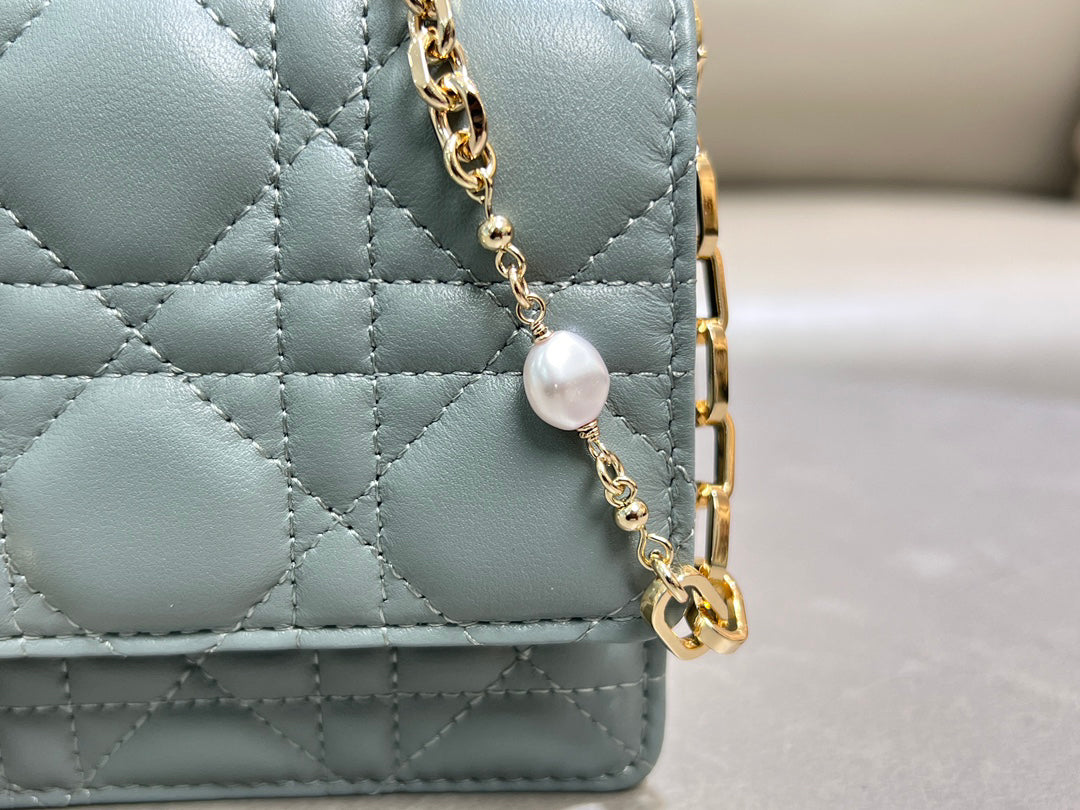 Sheepskin Slate Gray Lady Dior Pearl Clutch Bag