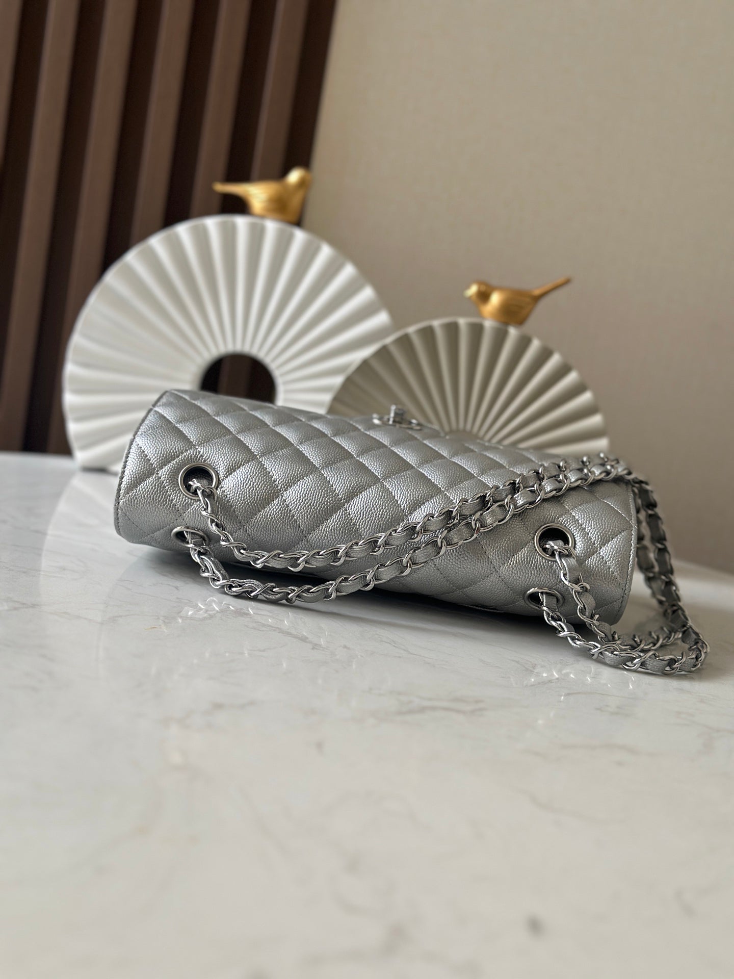 Silver Calfskin with Fine Ball - Grain Pattern CF Chain Flap Bag