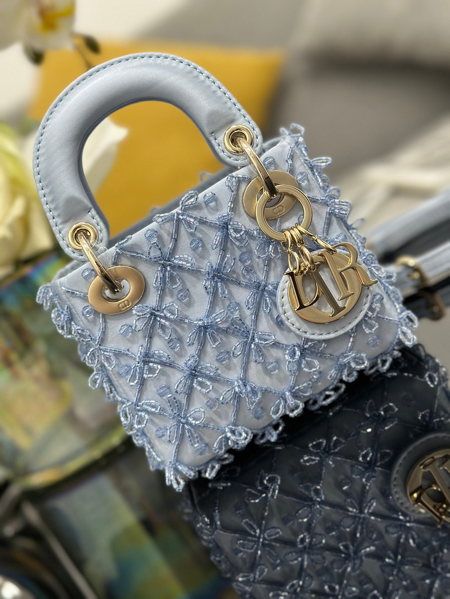 Lady Dior Mini Embroidered Ice - Blue Beaded Handbag
