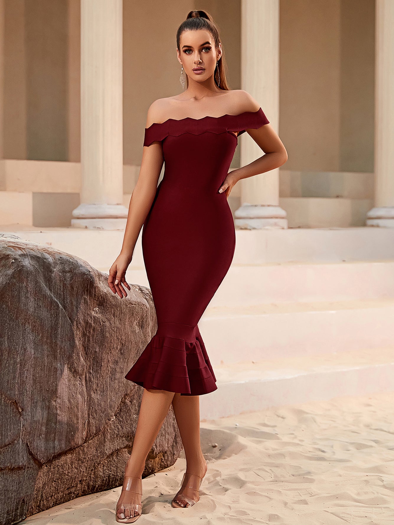 urgundy Off - Shoulder Mermaid Bandage dress