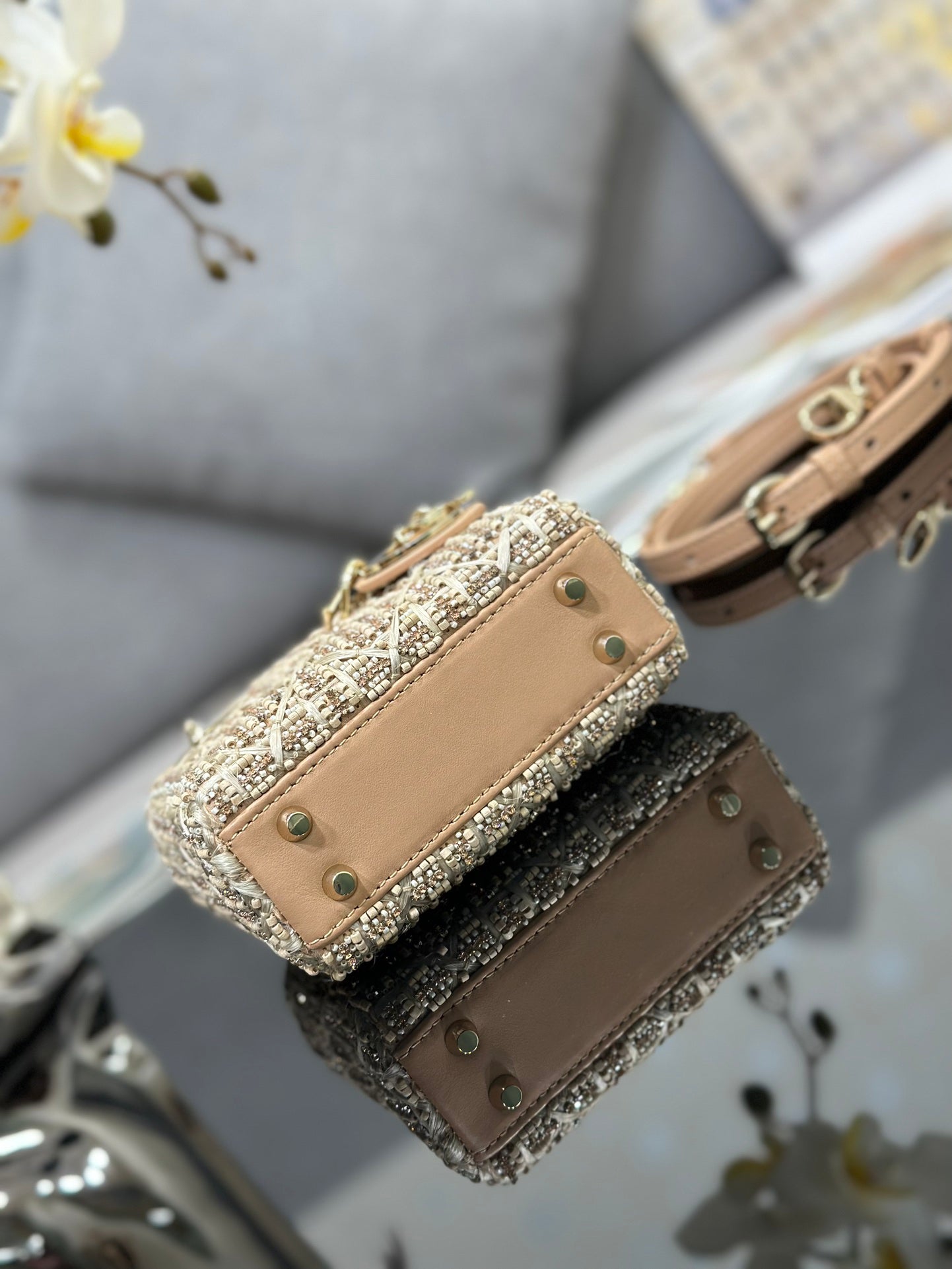 Lady Dior Ultra - Mini Embroidered Apricot - colored Wooden Bead Handbag