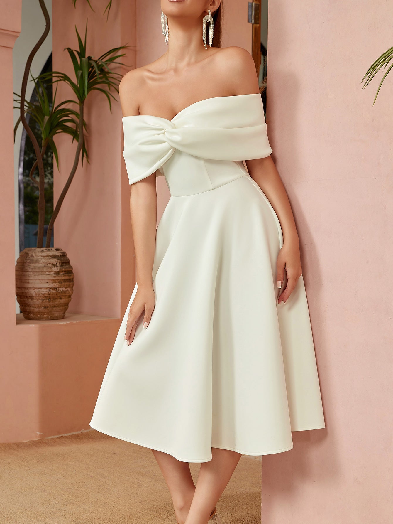 Off - Shoulder Bow - Detail A - Line Midi Dress in Cream