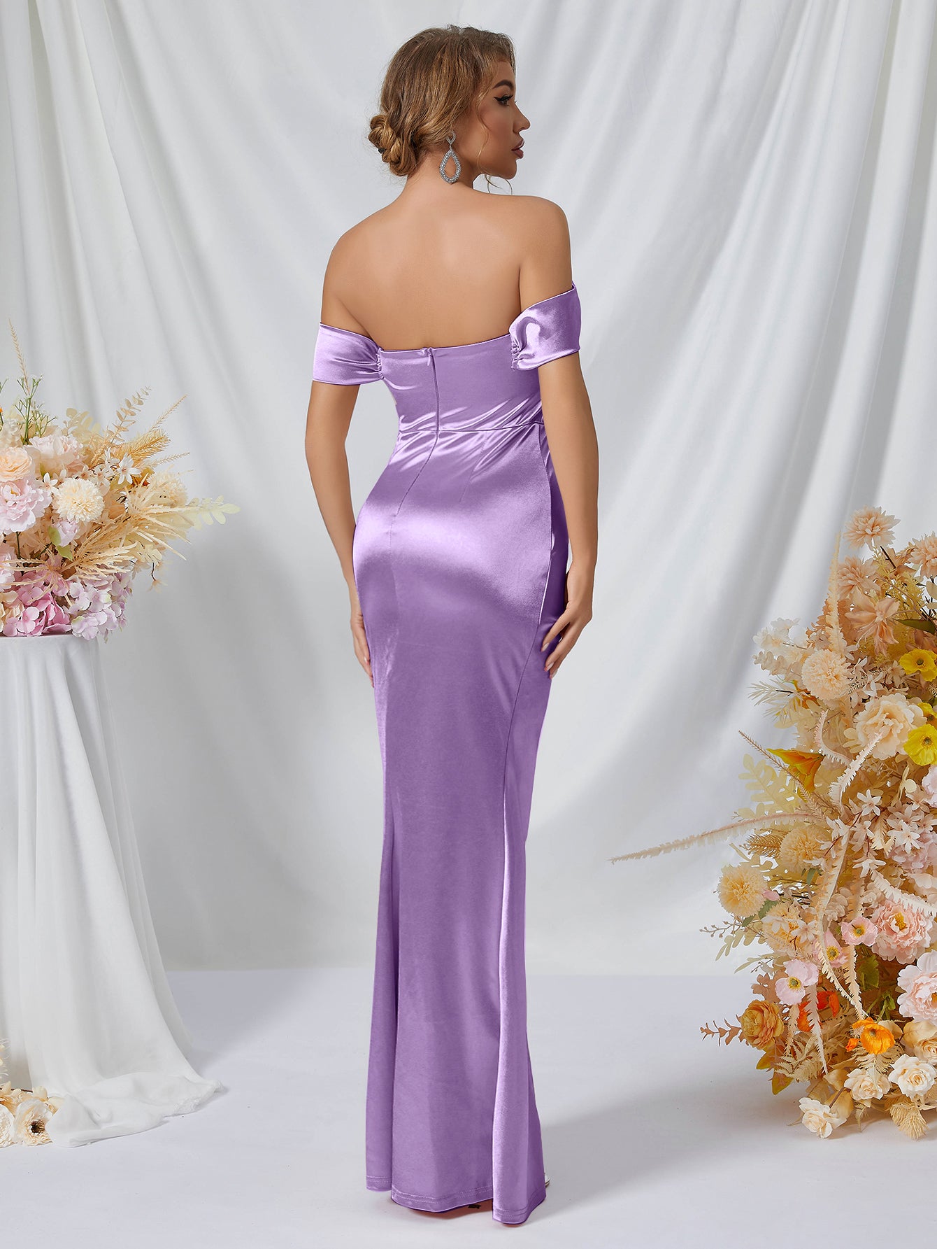 Off - Shoulder Satin Ruched Midi Dress