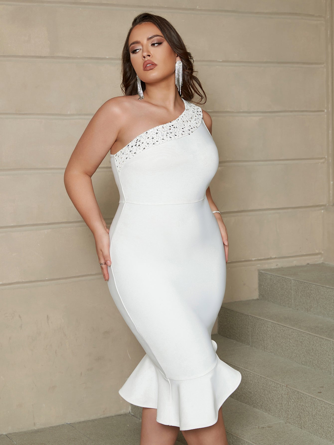 Plus - Size One - Shoulder White Bandage Dress