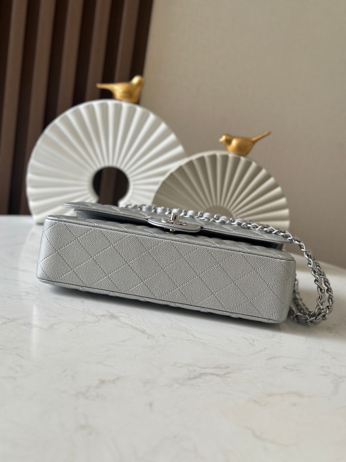 Silver Calfskin with Fine Ball - Grain Pattern CF Chain Flap Bag