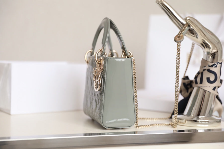 Rock Grey Cannage Pattern Patent Lambskin Handbag