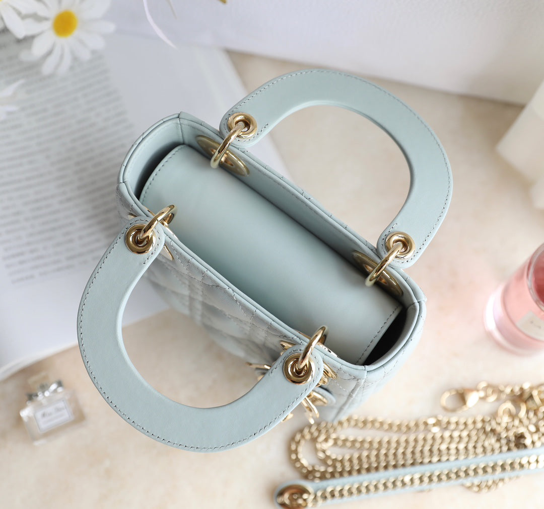 Lake Blue Cannage Pattern Patent Lambskin Handbag