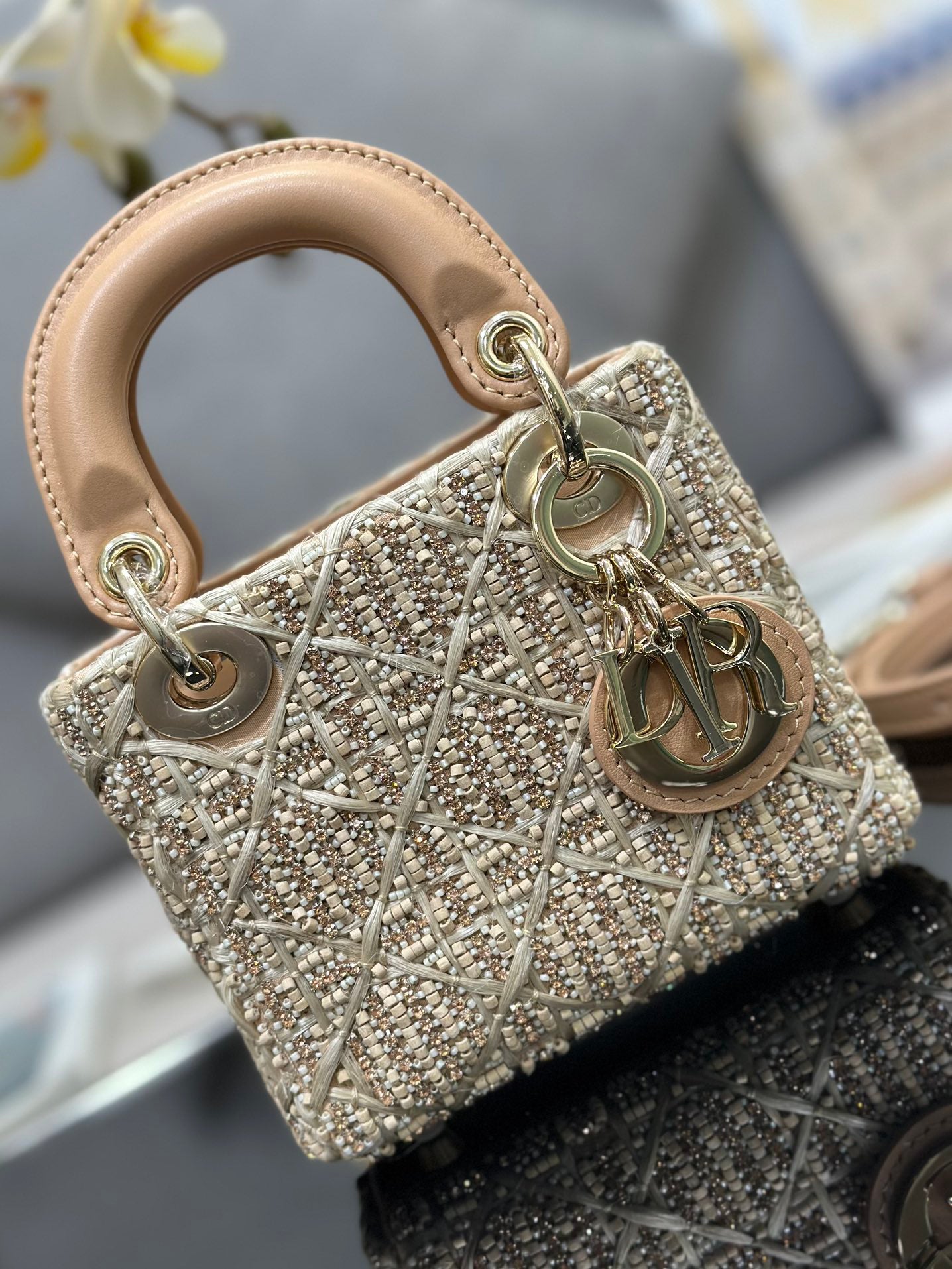 Lady Dior Ultra - Mini Embroidered Apricot - colored Wooden Bead Handbag