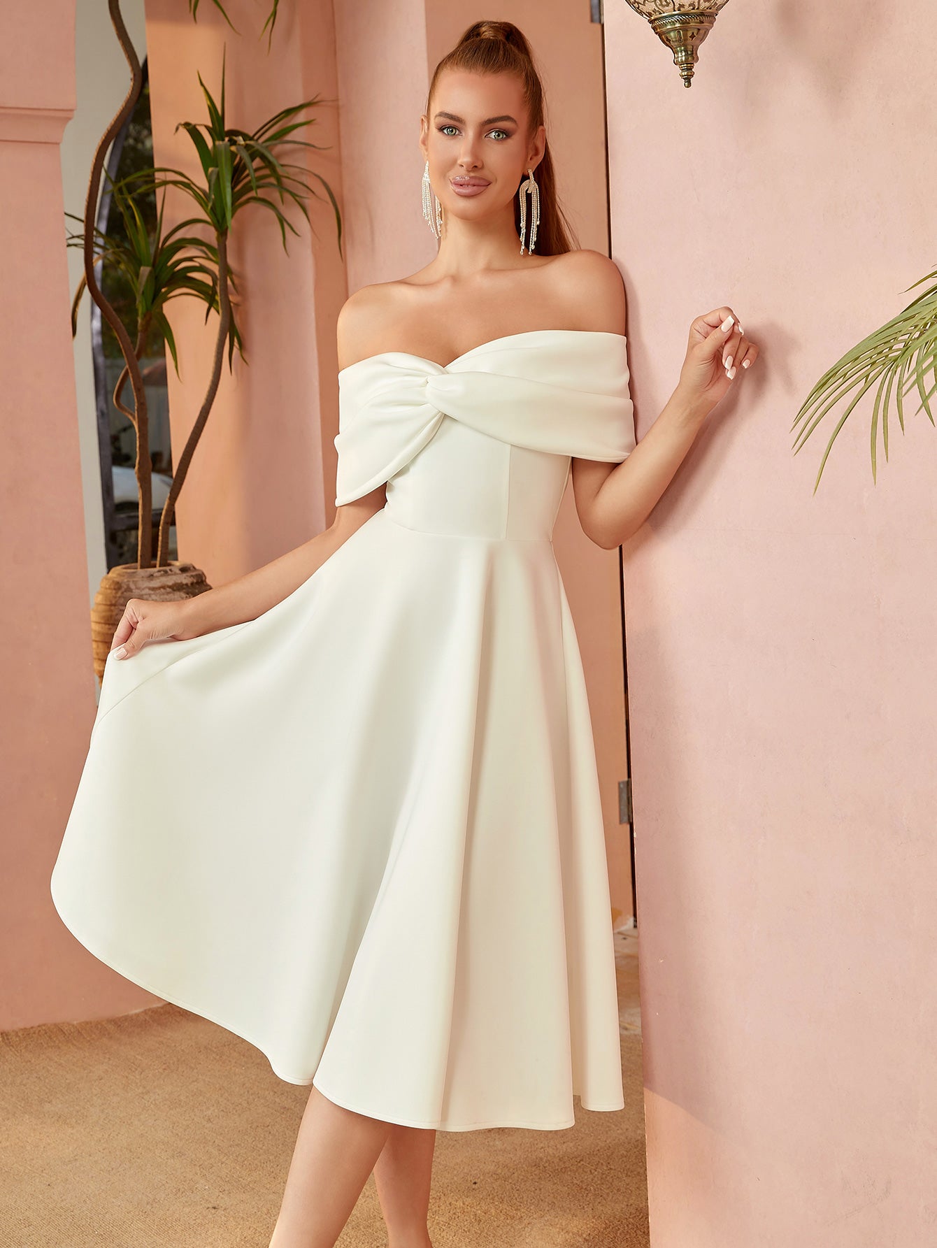 Off - Shoulder Bow - Detail A - Line Midi Dress in Cream