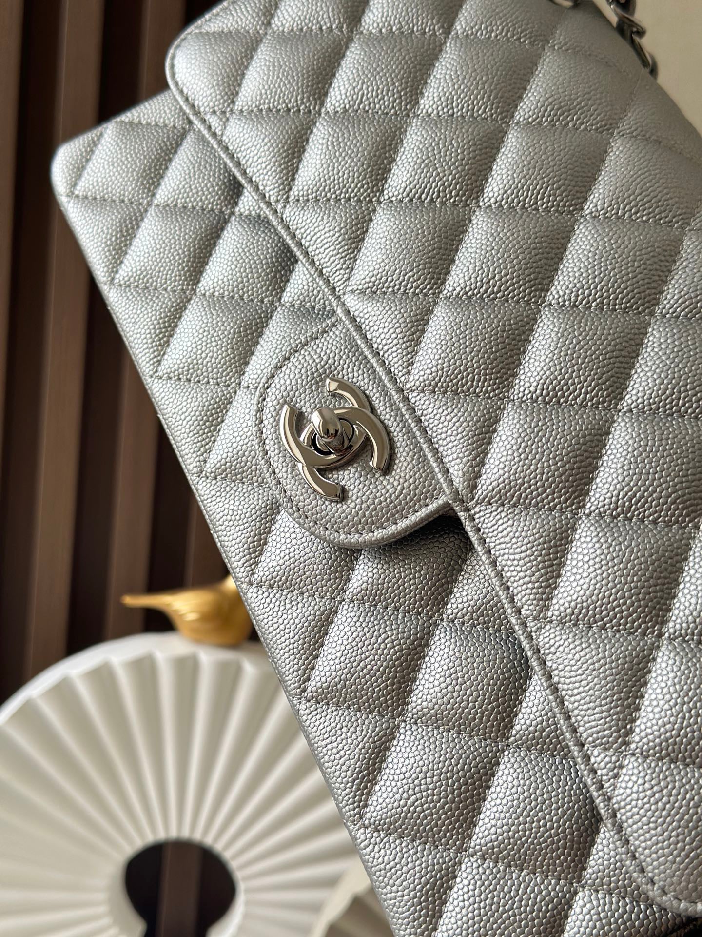 Silver Calfskin with Fine Ball - Grain Pattern CF Chain Flap Bag