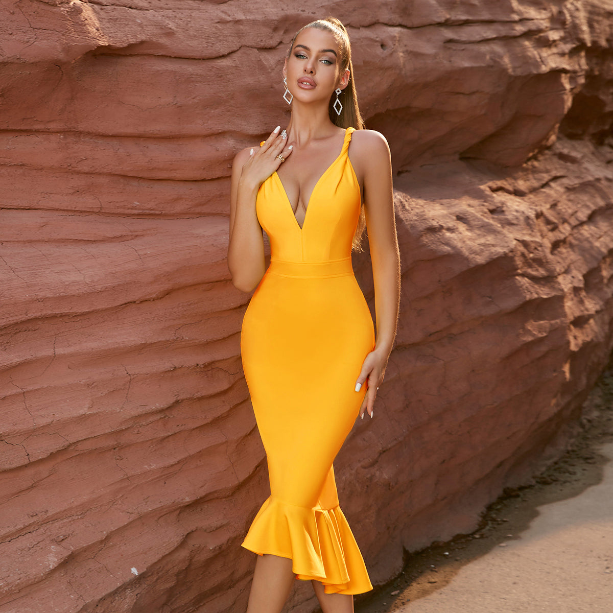 Sleeveless Deep V - Neck Mermaid - Hem Bodycon Dress in Vivid Yellow